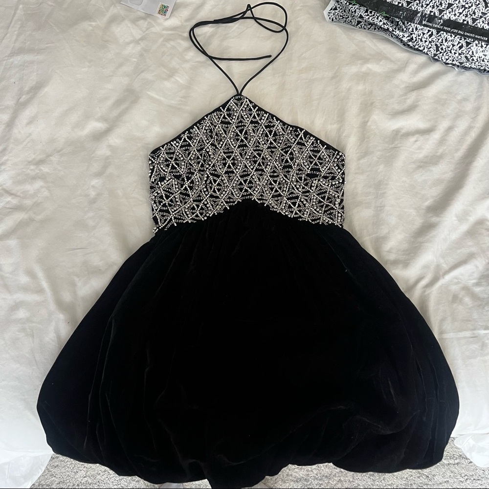 ASOS DESIGN embellished velvet halter mini dress with bubble hem in black